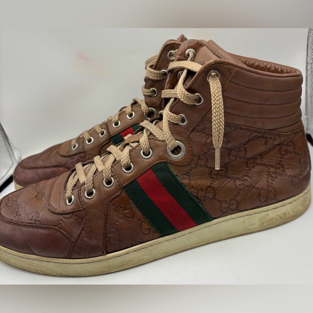 Gucci Guccissima High Top Sneakers Brown Leather Web Stripe Men’s 10.5 - Picture 3 of 13
